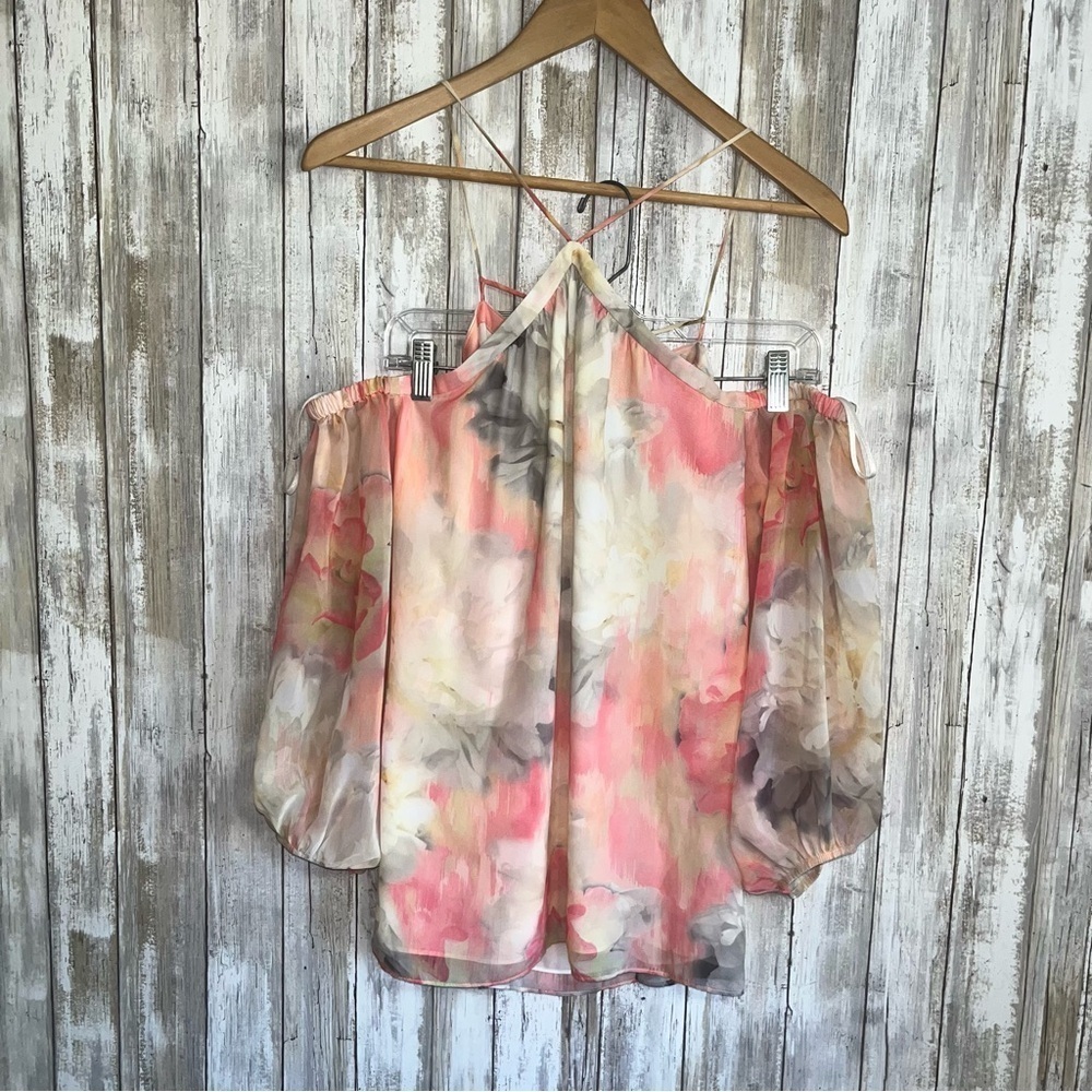 White House Black Market Watercolor Cold Shoulder Blouse - Picture 4 of 8